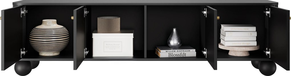 Comodă TV Vesper 4D 187 cm - negru / mânere aurii / picioare sferice