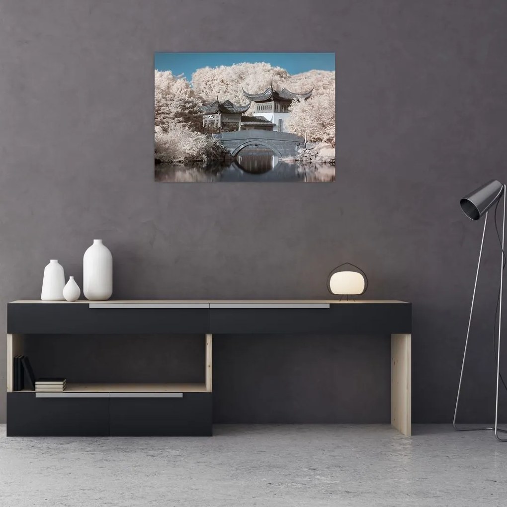 Tablou pe sticlă - pomi înfloriți în Asia (70x50 cm)