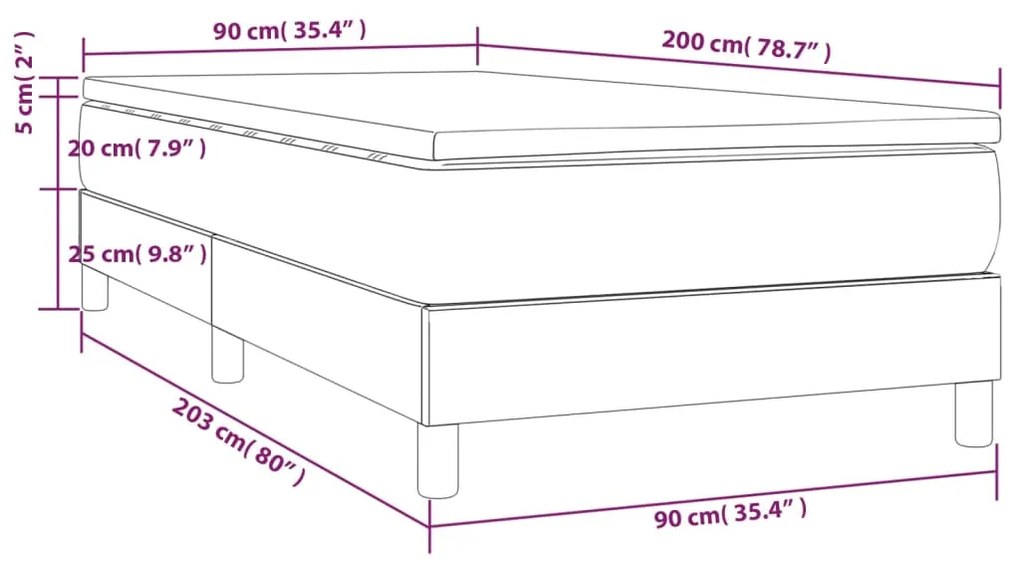 Pat box spring cu saltea, maro inchis, 90x200 cm, textil Maro inchis, 25 cm, 90 x 200 cm