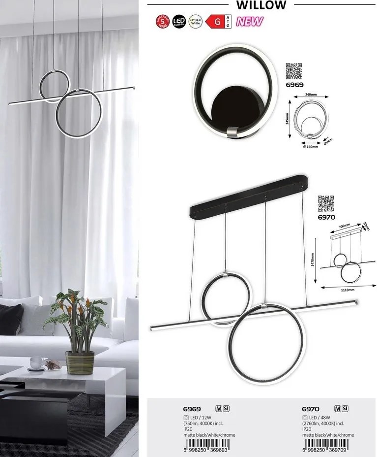 Aplica LED design modern Willow negru mat, alb