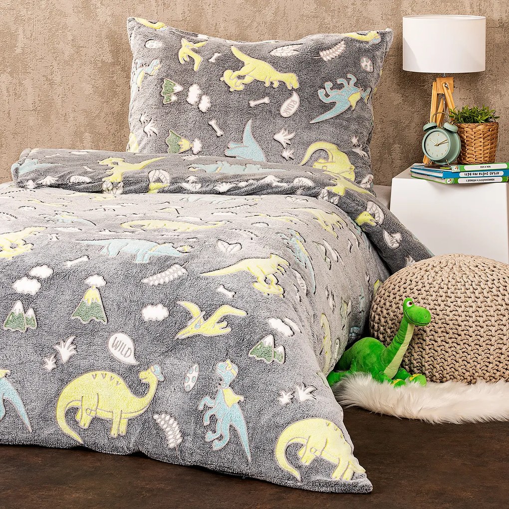 Lenjerie de pat luminoasă din microflanel 4Home Dino, 140 x 200 cm, 70 x 90 cm