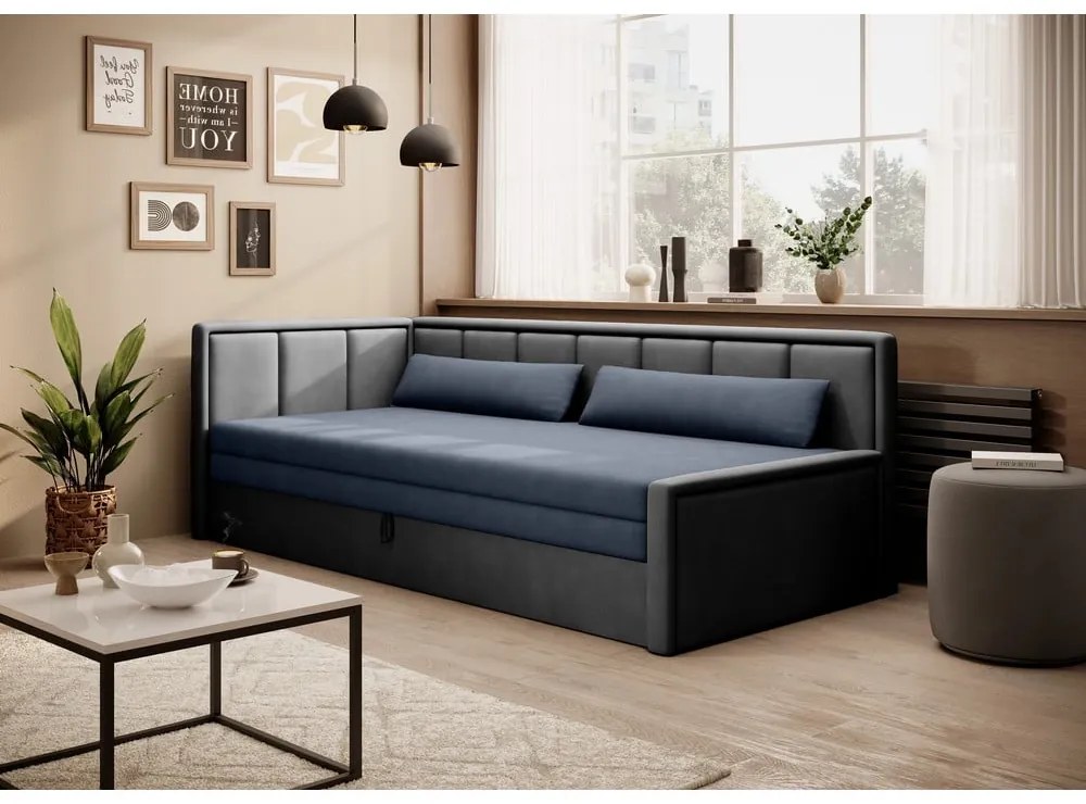 Canapea albastră/gri extensibilă/cu spațiu de depozitare cu tapițerie din chenille 214 cm Fulgeo – ELTAP