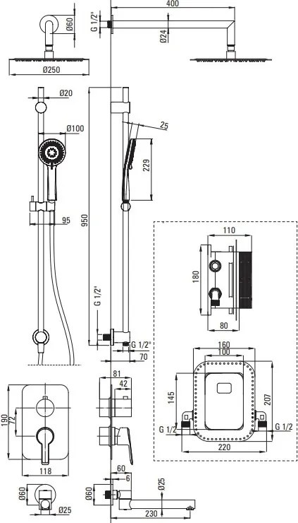 Set de Duș cu Montare Îngropată - Arnika BXYWDQAM Finisajul titan
