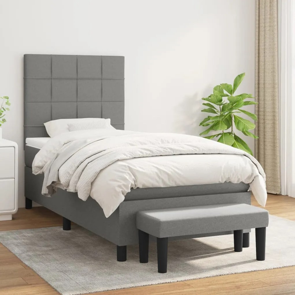vidaXL Pat box spring cu saltea, gri închis, 90x200 cm, textil