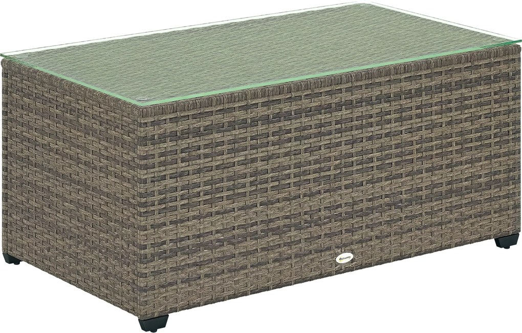 Outsunny Masă de cafea pentru grădină, masă auxiliară din rășină împletită cu blat din sticlă securizată, 90 x 50 x 38 cm, gri închis | Aosom Romania