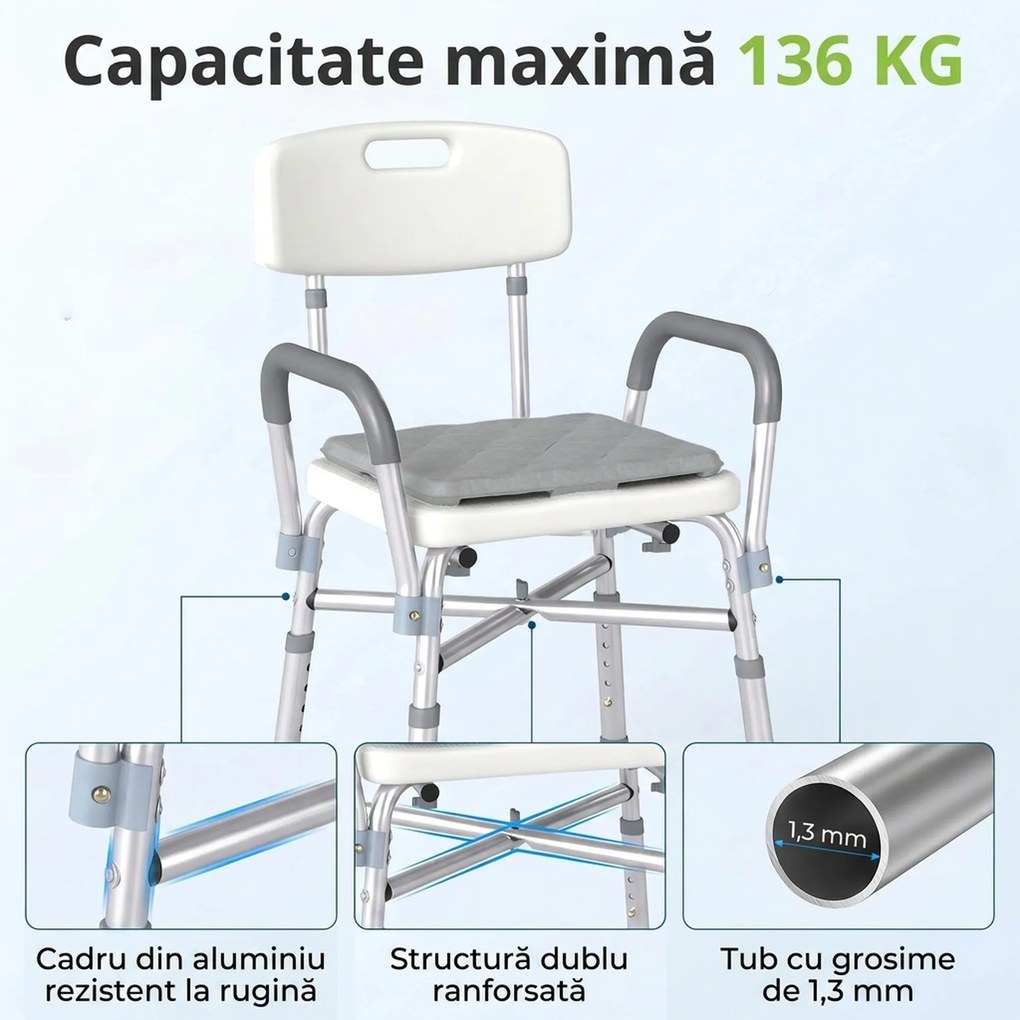 HOMCOM Scaun de Baie din Aluminiu Reglabil, cu Spătar și Brațe, Pernă Moale, Antialunecare, Alb | Aosom Romania