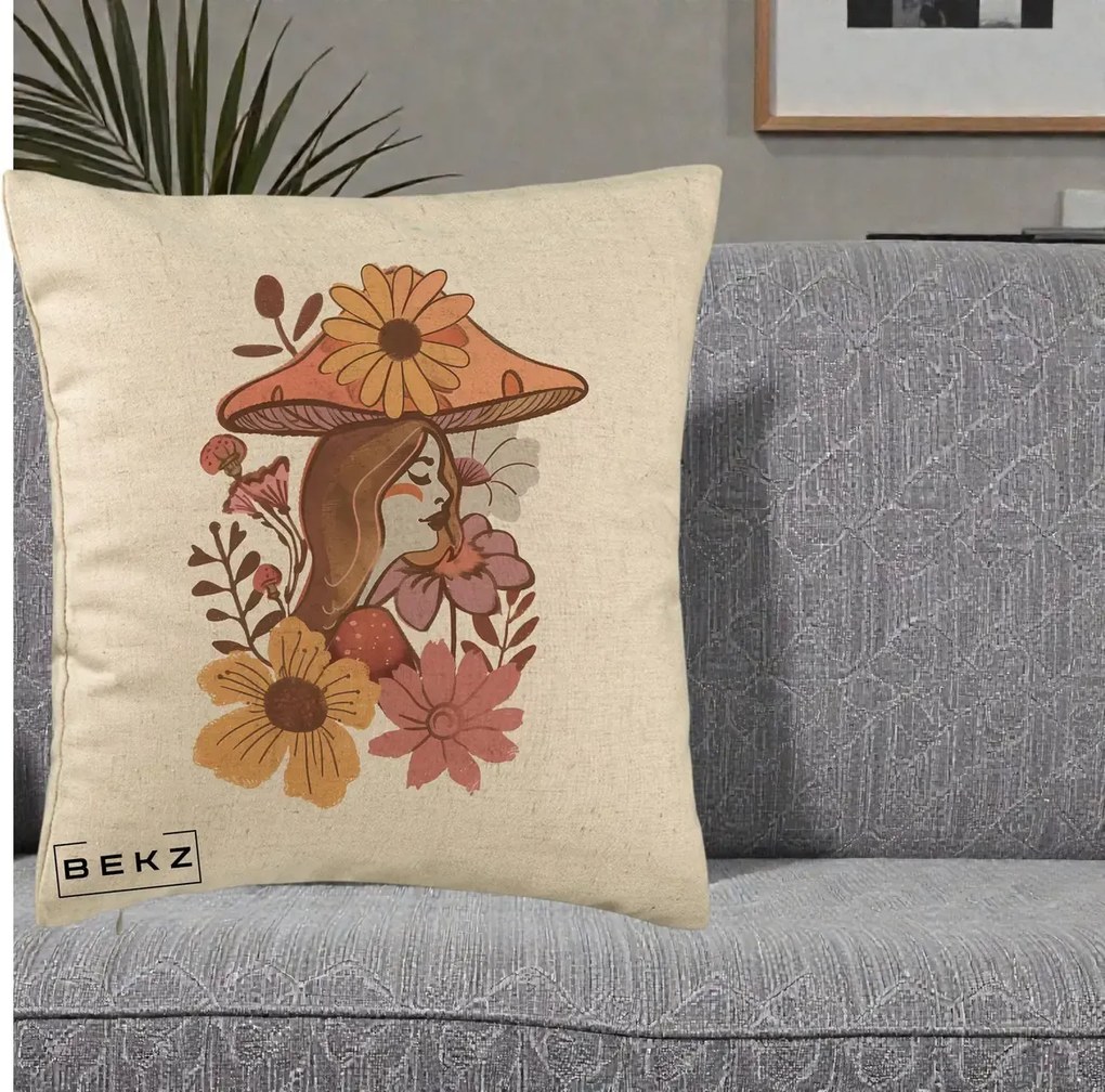 Perna Decorativa Fata Ciuperca Florala Boho, 40x40 cm, Bej, Husa Detasabila, Perna Inclusa, BEKZ®