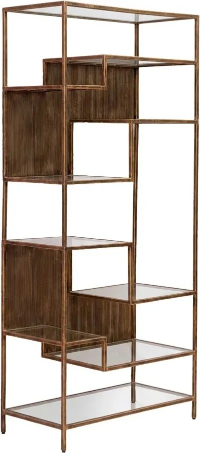 Etajeră din metal auriu antichizat, cu 5 rafturi din sticla, finisaj satinat, 80×40×180 cm, „Rugato"