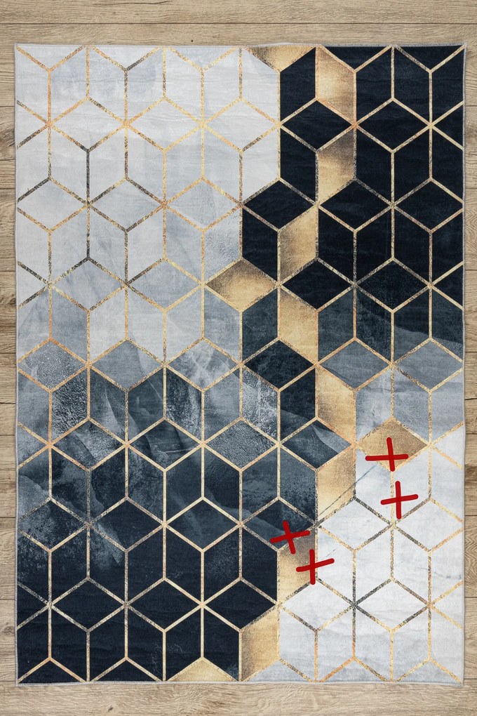 ANDRE 1171 covor lavabil cub, geometric anti-alunecare - negru / aur - SECUNDAR-COTATI PRODUSUL