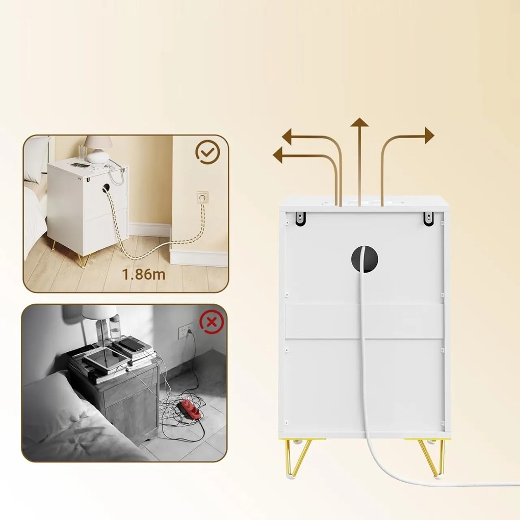 NOA45 - Set 2x Noptiere albe 40x40x63cm, riflaje, cu sau fara Priza, cu 3 sertare, dormitor - Alb-Auriu