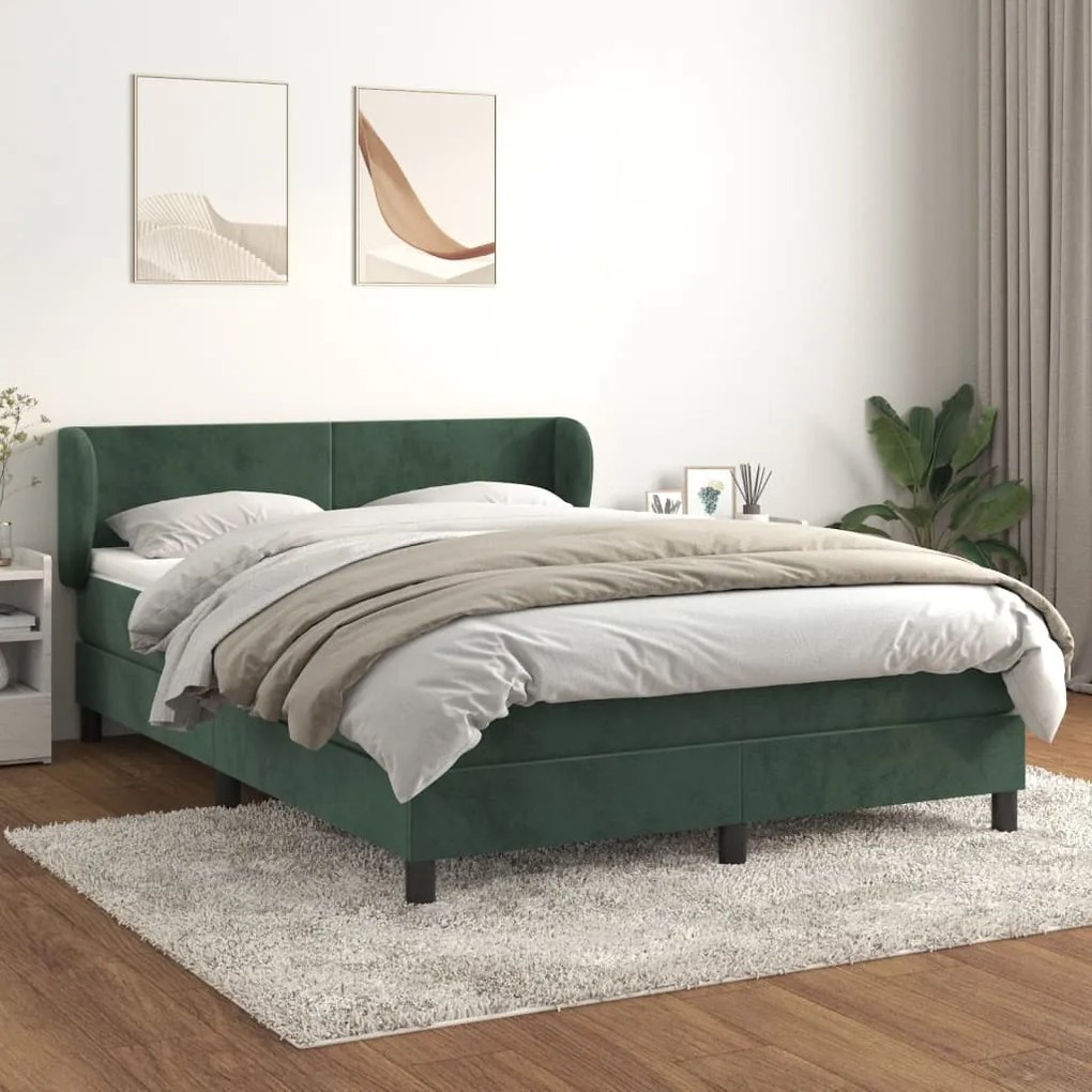 Pat box spring cu saltea, verde inchis, 140x200 cm, catifea Verde inchis, 140 x 200 cm, Design simplu