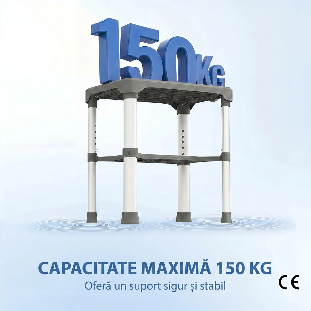 HOMCOM Scaun de Duș din Aluminiu cu Raft Integrat, Înălțime Reglabilă pe 5 Niveluri, Suport 150kg, Gri | Aosom Romania