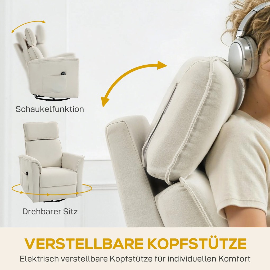 HOMCOM Fotoliu relax electric cu funcție de înclinare, spătar reglabil, tetieră pentru living, alb-crem | Aosom Romania