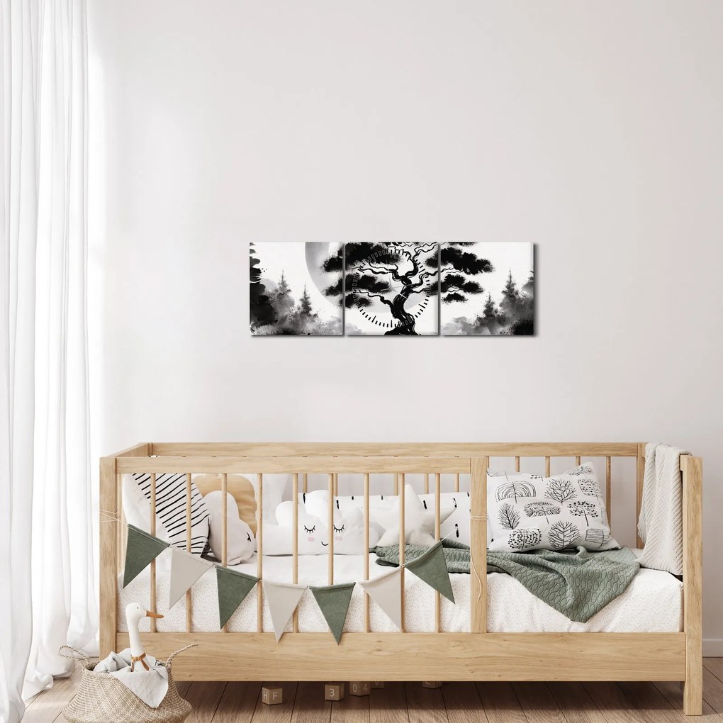 Tablou – Bonsai alb-negru (cu ceas) (90x30 cm)