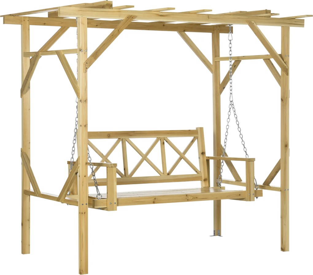 Outsunny Bancă-leagăn cu pergolă, pentru 2 persoane, reglabilă pe înălțime, cadru din lemn masiv, 2,21 x 1,40 x 1,96 m | Aosom Romania