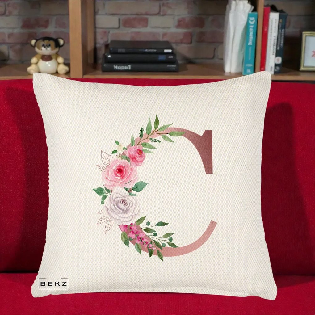 Cadou Personalizat - Perna Personalizata Monograma Rose Gold Litera C, 40x40 cm, Crem Reliefat, Husa Detasabila, Perna Inclusa, BEKZ®