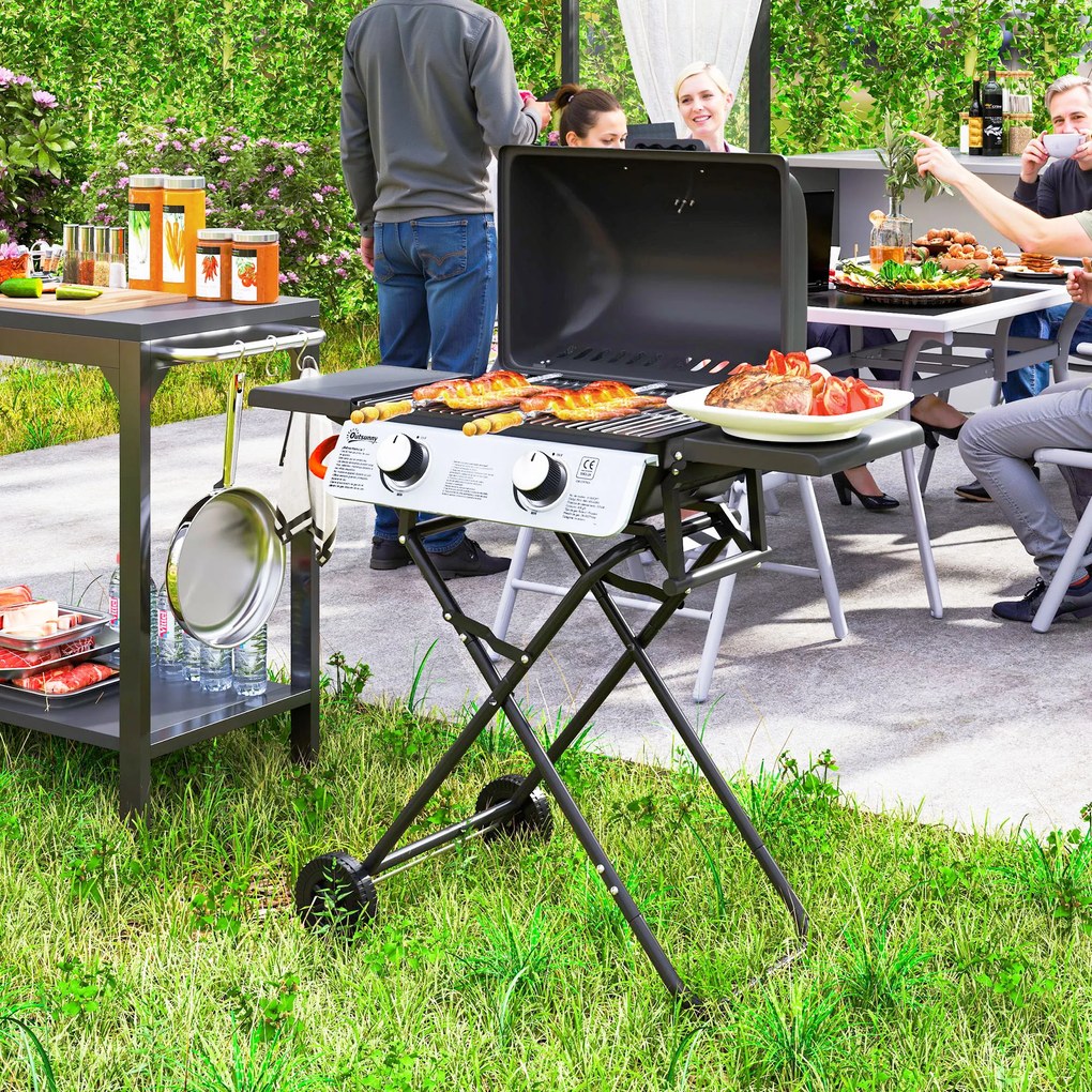 Outsunny Barbecue pe Gaz 2 Arzătoare, 2 Rafturi, Capac și Termometru Negru | Aosom Romania