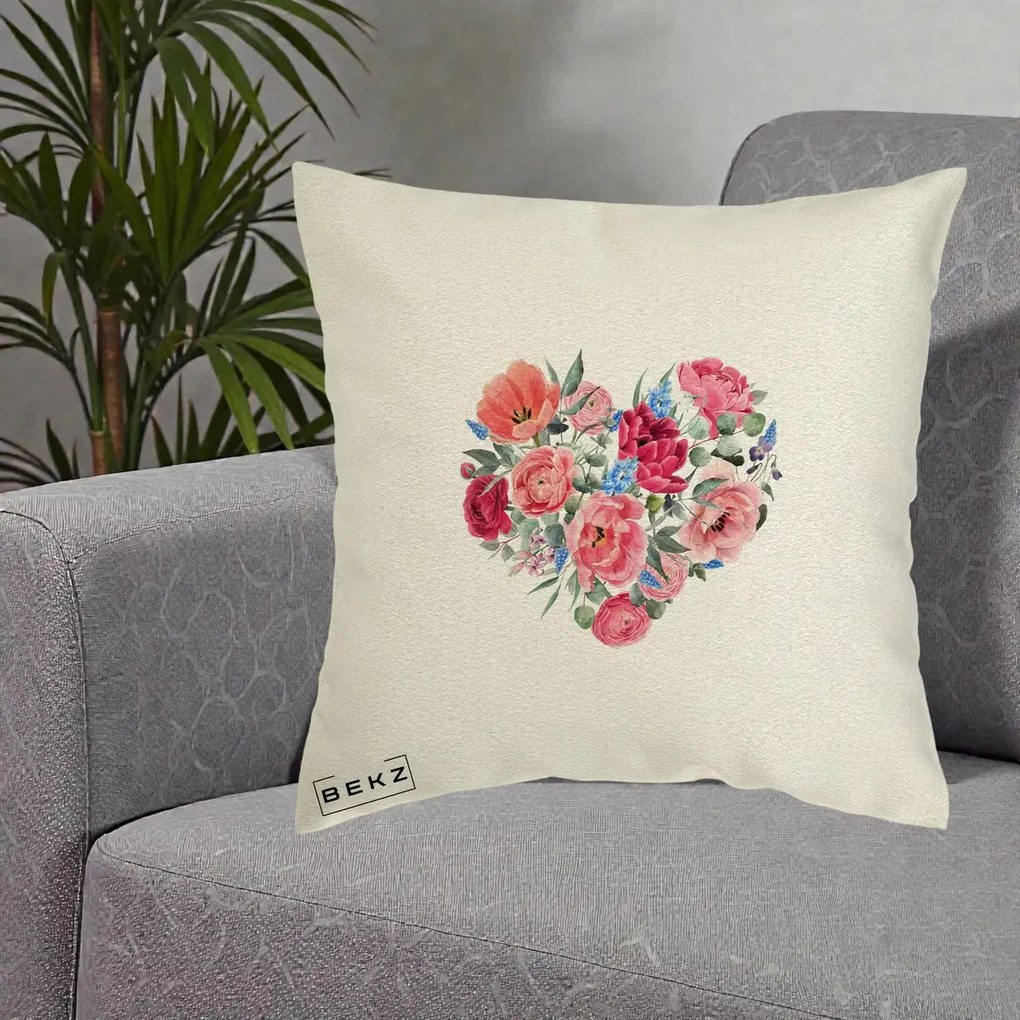 Perna Decorativa Inima din Bujori Acuarela, 40x40 cm, Ecru, Husa Detasabila, Perna Inclusa, BEKZ®