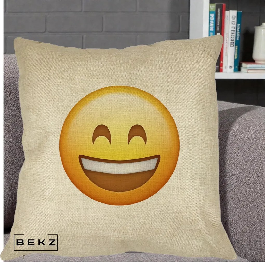 Perna Decorativa Emoji Zambet Mare, 40x40 cm, Crem, Husa Detasabila, Perna Inclusa, BEKZ®