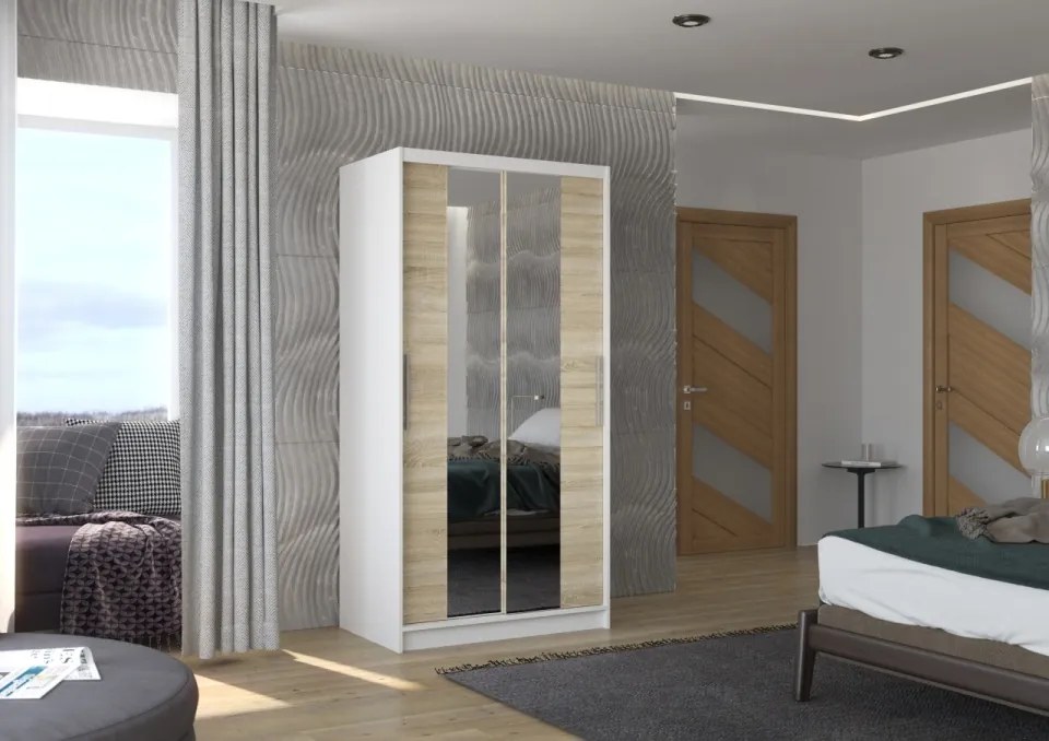 Dulap cu usi glisante si oglinda 100x200 cm, Dragonis, ADRK Furniture (Culoare: Sonoma)