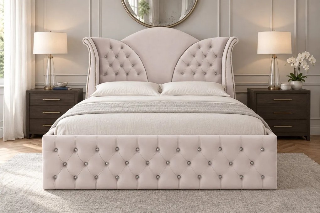 Pat tapițat Chesterfield din catifea Velora Cristal 140×200 cm, crem, cu ladă de depozitare