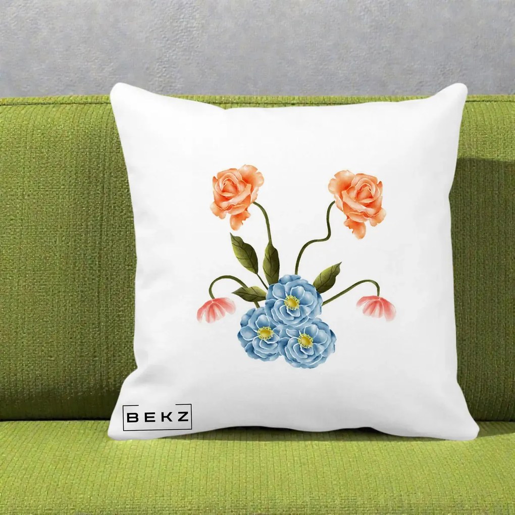 Perna Decorativa Trandafiri si Bujori Acuarela, 40x40 cm, Alba Mata, Husa Detasabila, Perna Inclusa, BEKZ®