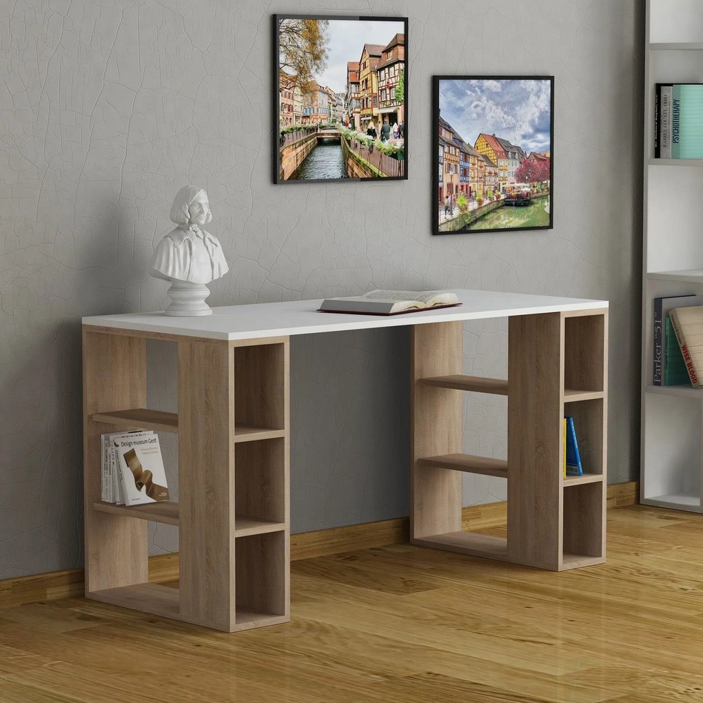 Birou COLMAR, alb/stejar, PAL melaminat, 140x60x75 cm