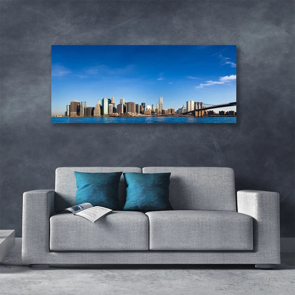 Tablou pe panza canvas Bridge City Case Gri Albastru Negru