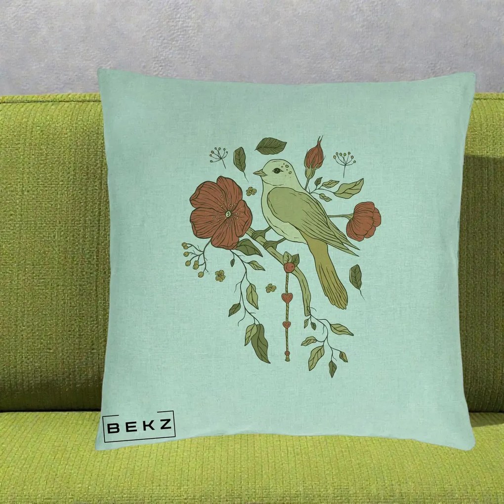 Perna Decorativa Pasare pe Ramura cu Maci, 40x40 cm, Verde Menta, Husa Detasabila, Perna Inclusa, BEKZ®