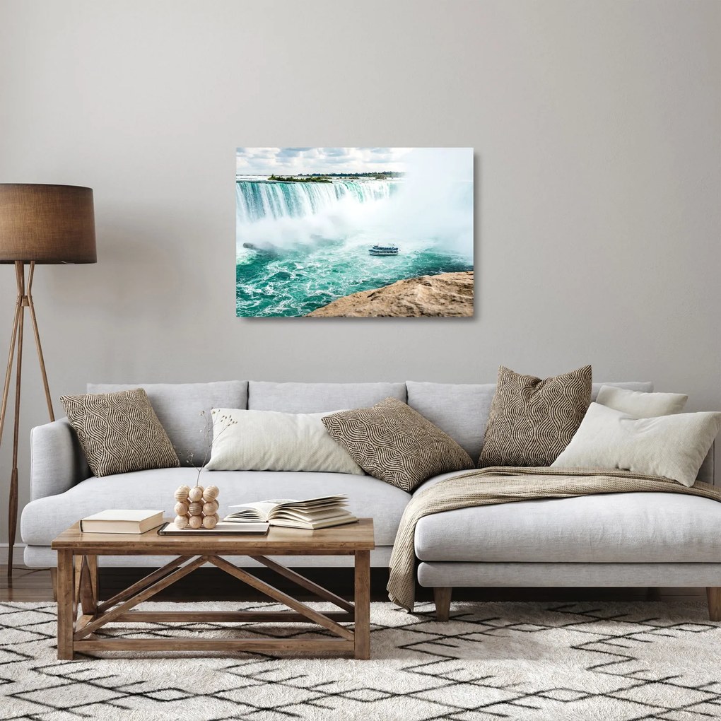 Tablou pe sticlă cu cascadele și corabie (70x50 cm)