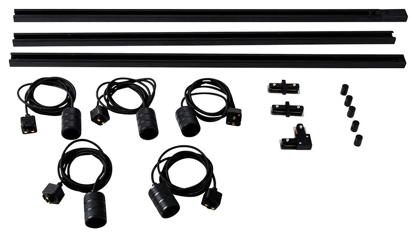 Sistem de iluminat pe șină modern cu 5 lumini suspendate negre monofazate - Iconic Cavalux