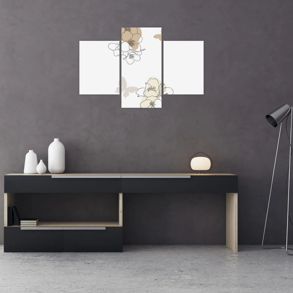 Tablou - Flori bej cu fluture N⁰2 (90x60 cm)