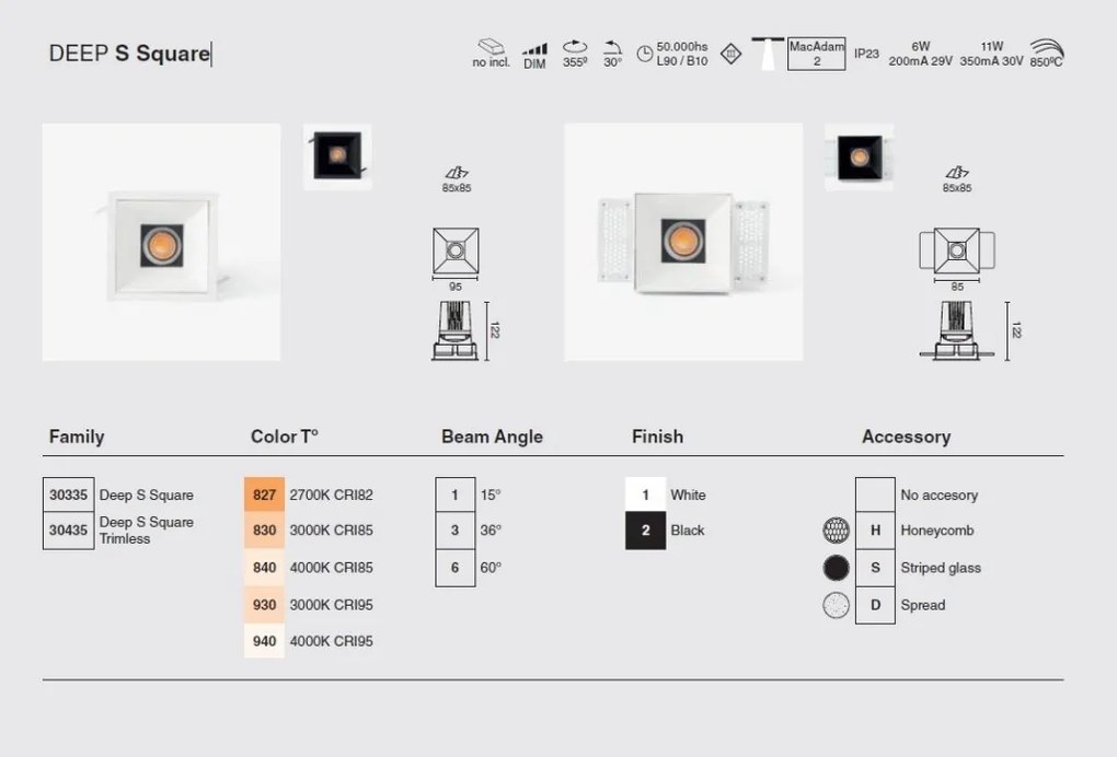 Spot LED incastrabil DEEP60 Downlight square white 60° 2700K honeycomb