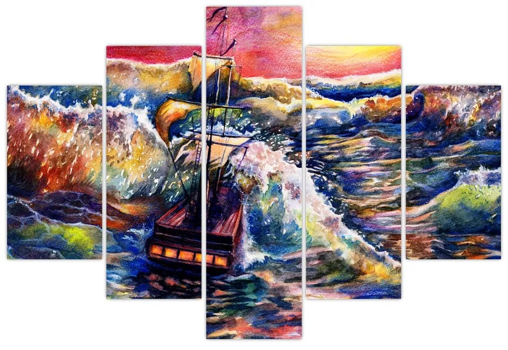 Tablou - Navă pe valurile oceanului, aquarelă (150x105 cm)