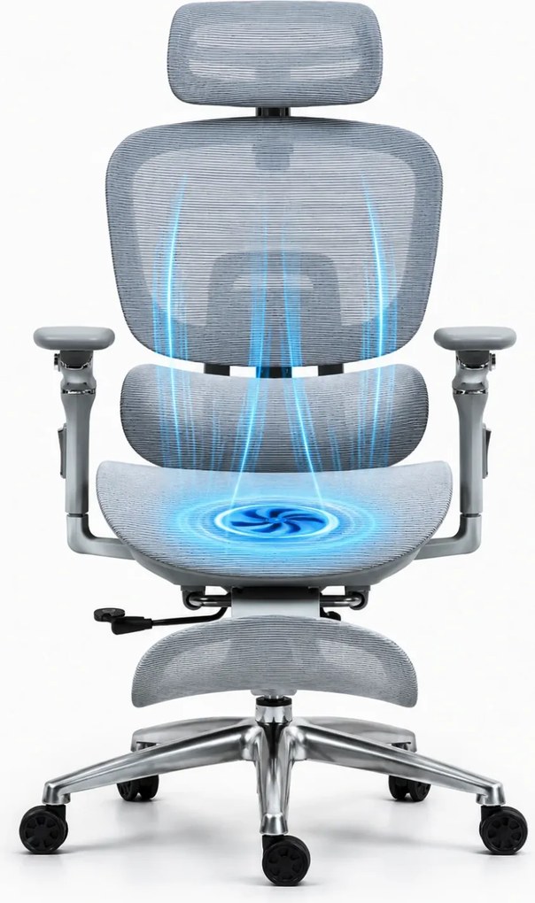 VIGOCHAIR ULTRA PRO VENT/ROLLER Scaun ergonomic, sezut cu ventilatie, spatar reglare verticala, suport lombar cu role masaj si incalzire, sezut translatie, cotiere 6D, suport picioare, Full Mesh, Gri