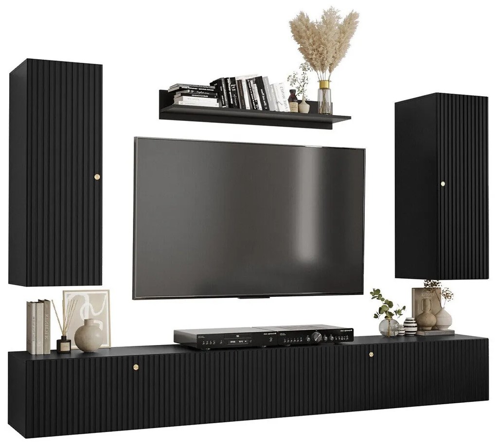 Camera de zi Hartford H104Negru, Cu comodă tv, Cu componente suplimentare, Părți separate, PAL laminat, MDF, 63 kg