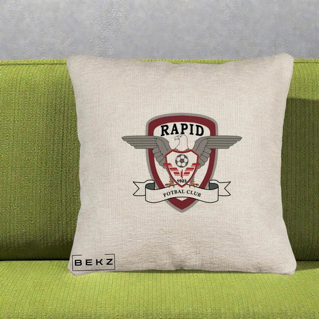 Perna Personalizata Rapid Fotbal Club 1923, 40x40 cm, Bej Canapea, Husa Detasabila, Perna Inclusa, BEKZ®