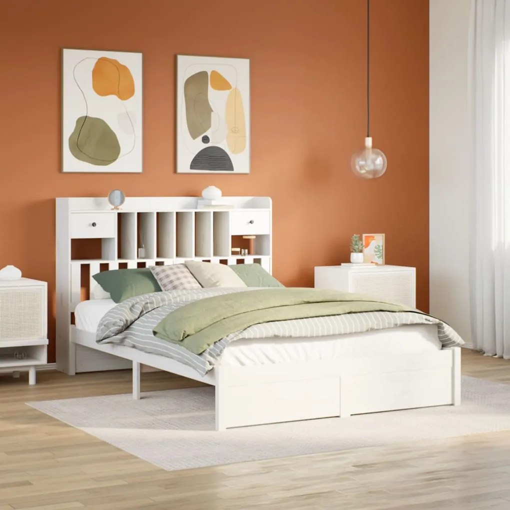 vidaXL Pat cu bibliotecă fără saltea, alb, 140x190 cm, lemn masiv pin
