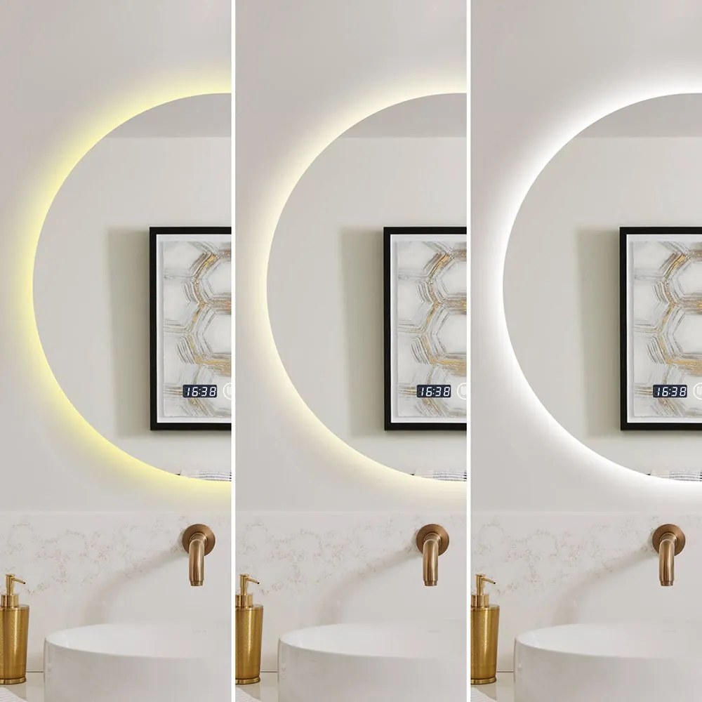 Oglindă LED Rotundă (60 cm), 3 Moduri Iluminare (Lumină Rece, Naturală, Caldă), Intensitate Reglabilă, Funcție Dezaburire, Ceas (Timer) și Termometru, Control Tactil (Touch)