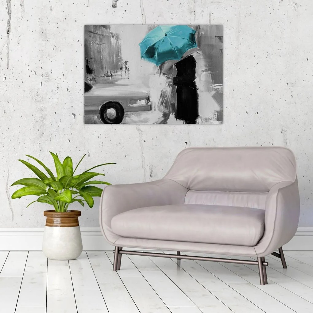 Tablou - Cuplu în dragoste cu umbrelă, albastru (70x50 cm)