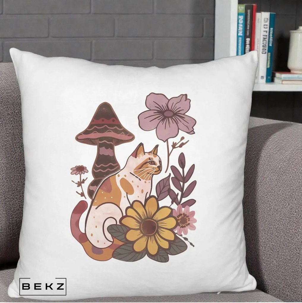 Perna Decorativa Pisica Vintage Florala Boho, 40x40 cm, Alb Pufos, Husa Detasabila, Perna Inclusa, BEKZ®