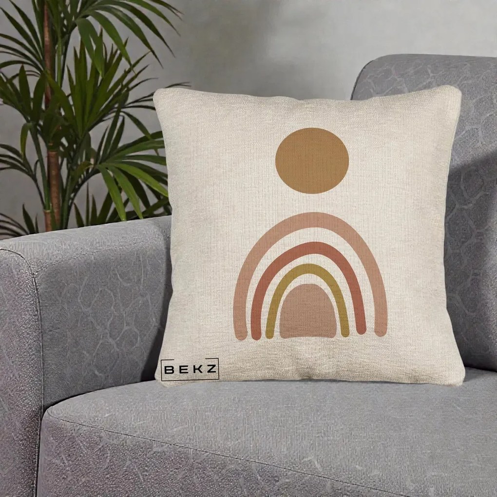 Perna Decorativa Boho Rainbow Sun, 40x40 cm, Bej Canapea, Husa Detasabila, Perna Inclusa, BEKZ®