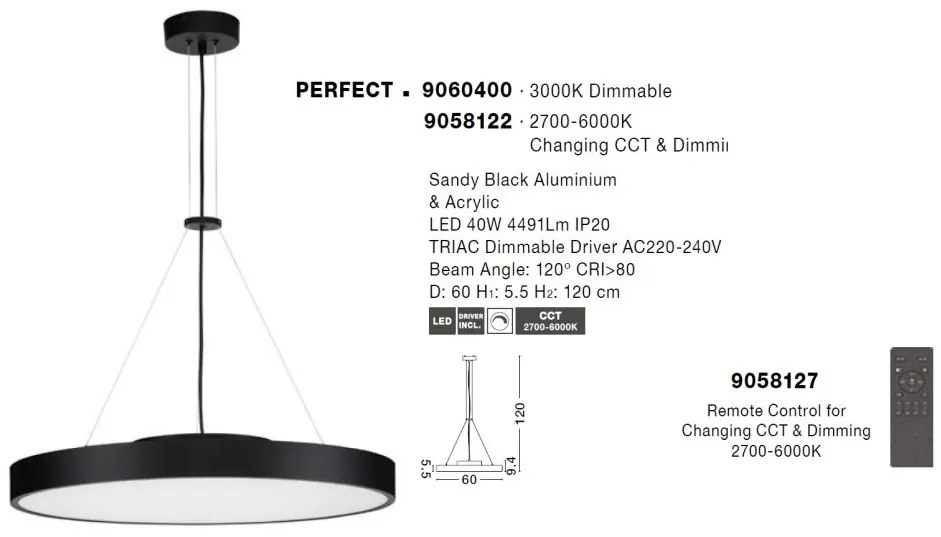 Lustra LED suspendata design circular PERFECT 60cm negru 3000K Dimmable