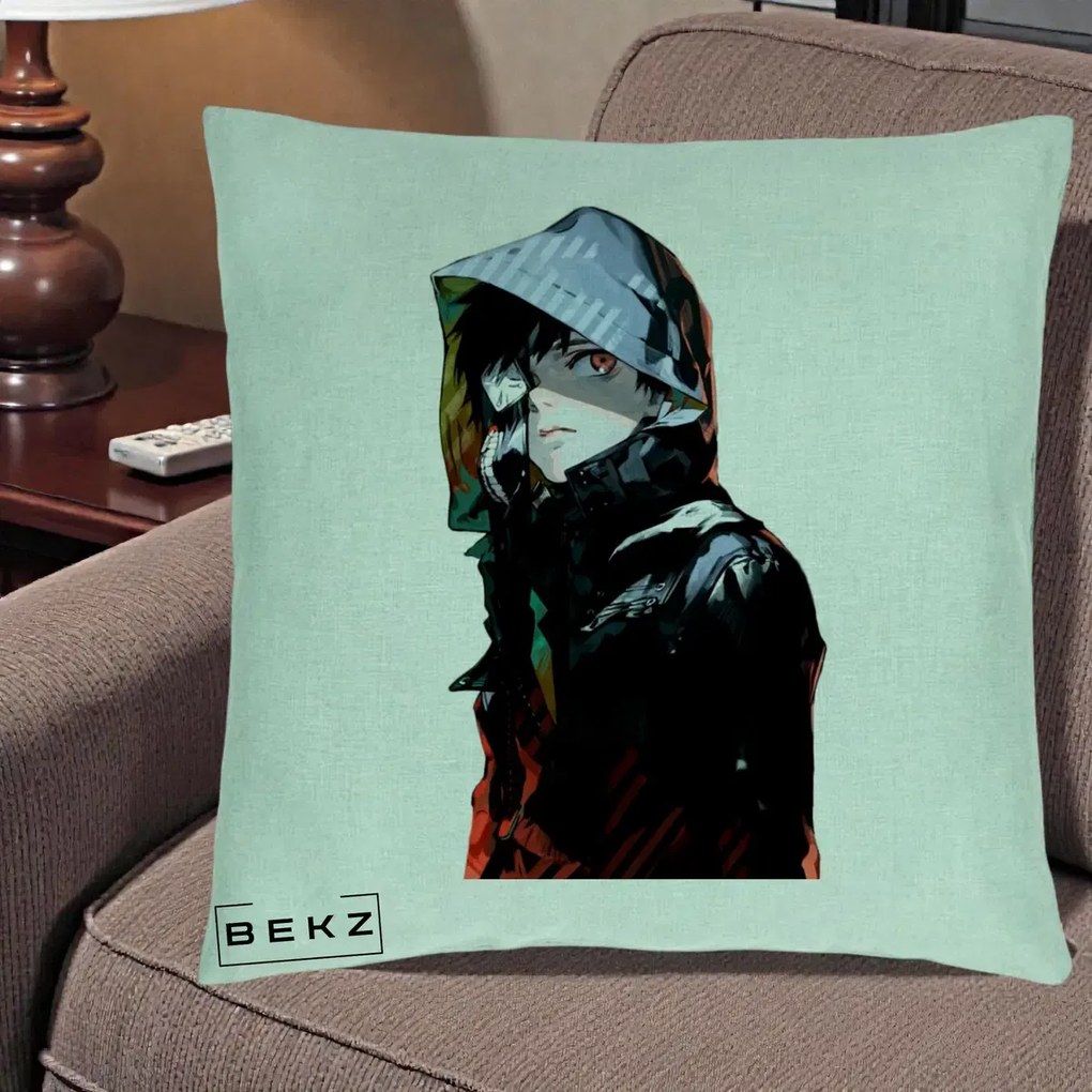 Perna Personalizata Tokyo Ghoul Ken Kaneki cu Masca si Gluga, 40x40 cm, Verde Menta, Husa Detasabila, Perna Inclusa, BEKZ®