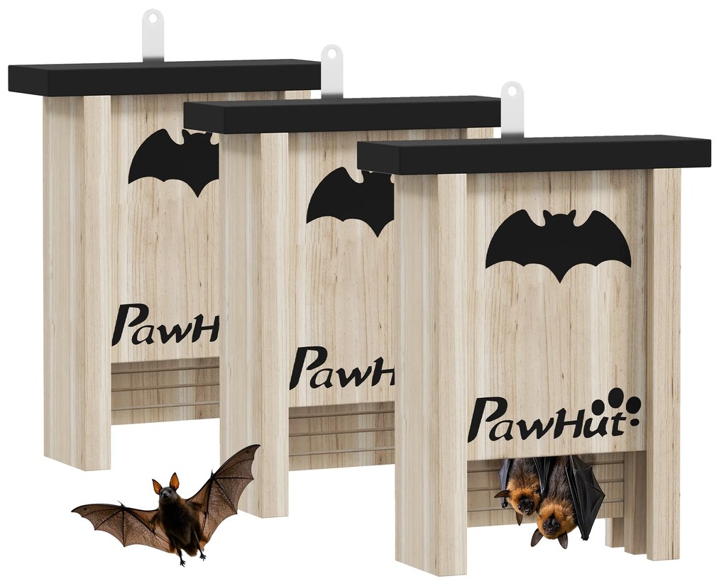 PawHut Set de 3 Căsuțe pentru Lilieci din Lemn de Brad, 18x6x22.5 cm, Lemn Natural | Aosom Romania