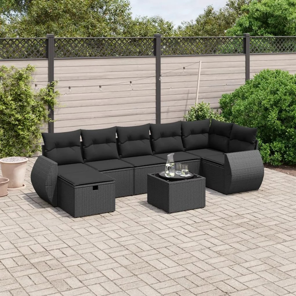 vidaXL Set mobilier de grădină cu perne, 8 piese, negru, poliratan