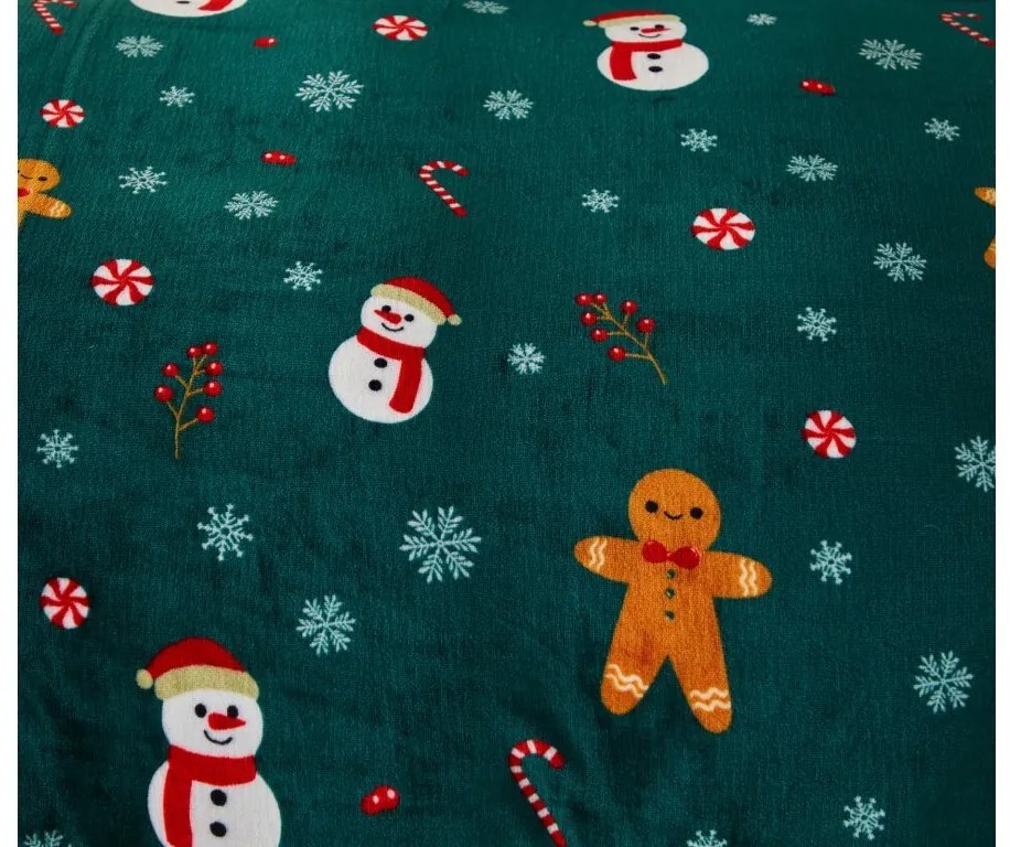 Lenjerie de pat din microplus SNOWMAN AND GINGERBREAK verde + cearsaf din microplus SOFT 90x200 cm alb