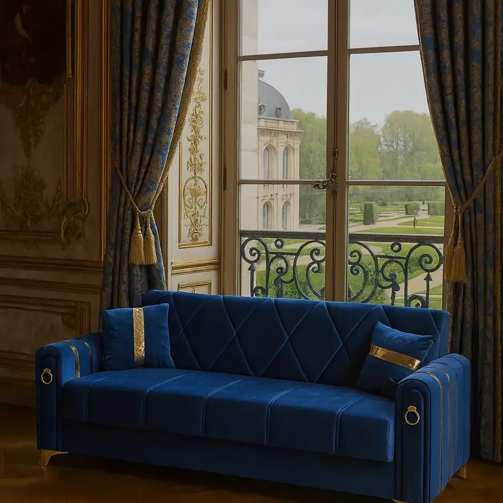 Canapea extensibila cu lada de depozitare 220x87x93 cm ,albastru, detalii aurii –Camara