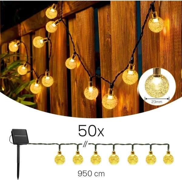 Ghirlandă solară decorativă LED, 50 LED, 8 funcții, acumulator 500 mAh, 9,5 m, IP67, alb cald