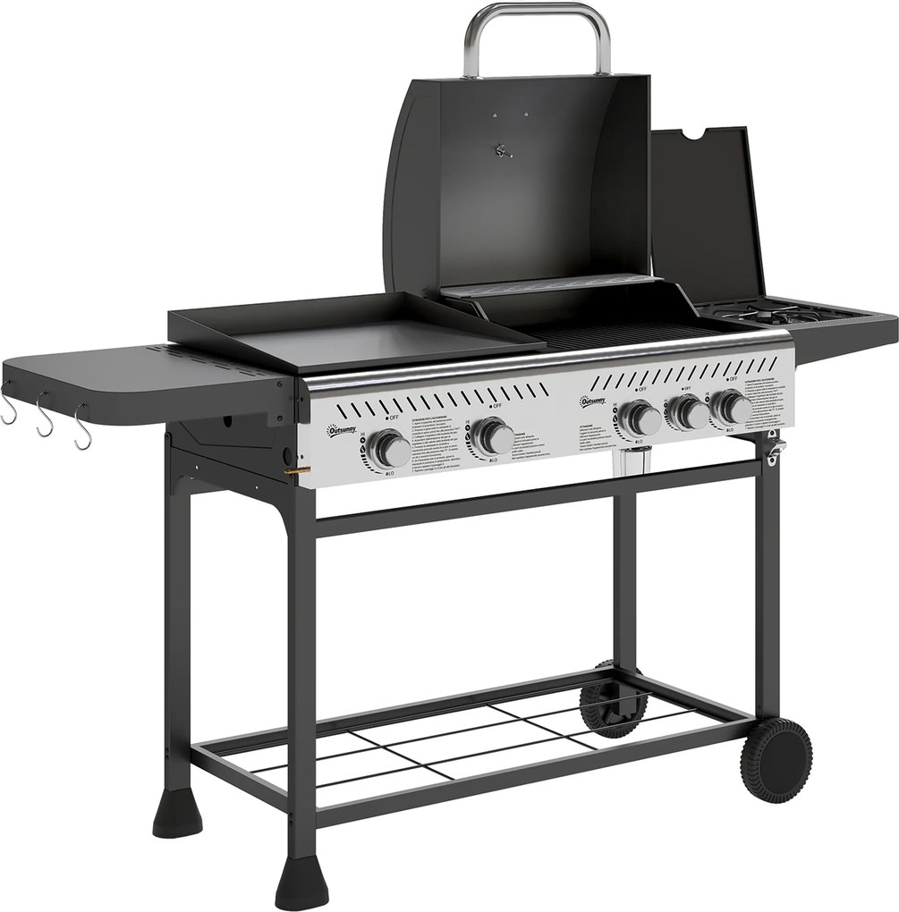 Outsunny Grătar pe Gaz cu Plită și Arzător, Capac cu Termometru Negru | Aosom Romania